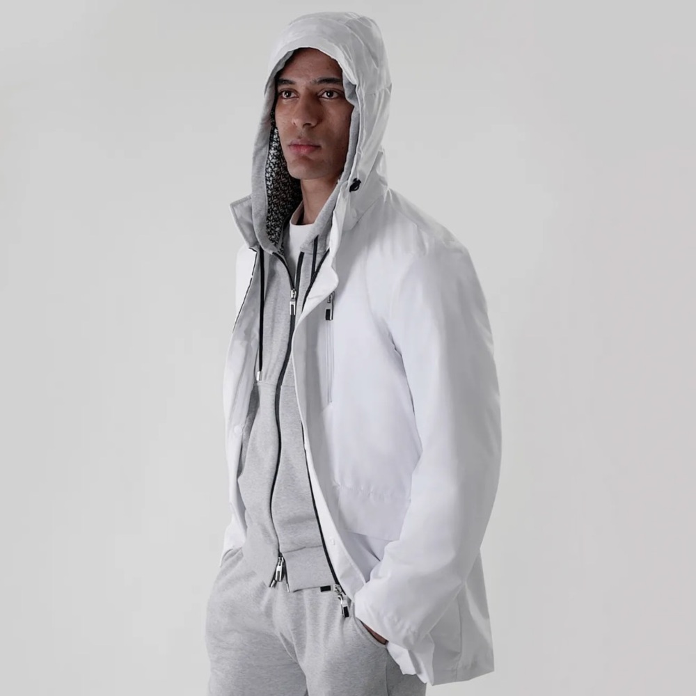 Canali Italian Monogram Hooded Rain Coat Jacket Size 40 NWT White